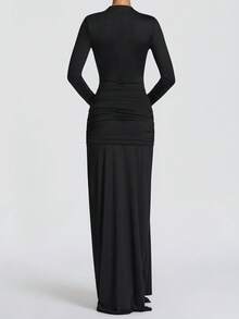 Rochie de seară cu imprimeu floral, cu guler rotund, mulată, tip plasă, pentru femei, toamna și iarna, rochii de domnișoare de onoare - Negru - Vizualizare 4