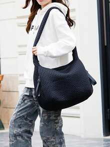 1pc Fashion Nylon Shoulder Bag For Women, Large Capacity Solid Color Crossbody With Fixed Straps, Foldable Design, Zipper Closure, Polyester Lined, Thickened Casual Tote