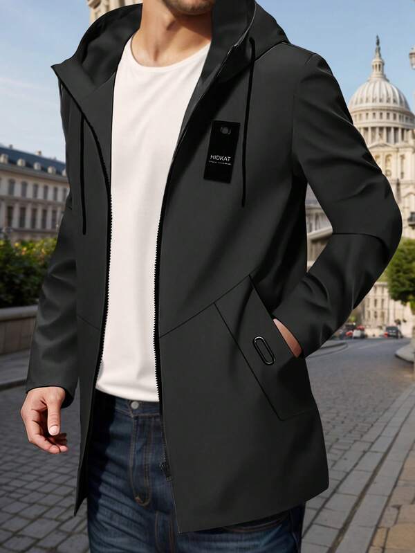 Men's Solid Color Mid-Length Hooded Jacket, Multi-Pocket Design Suitable For Autumn/Winter Outdoor Hiking Casual Daily Wear, Boyfriend Warm