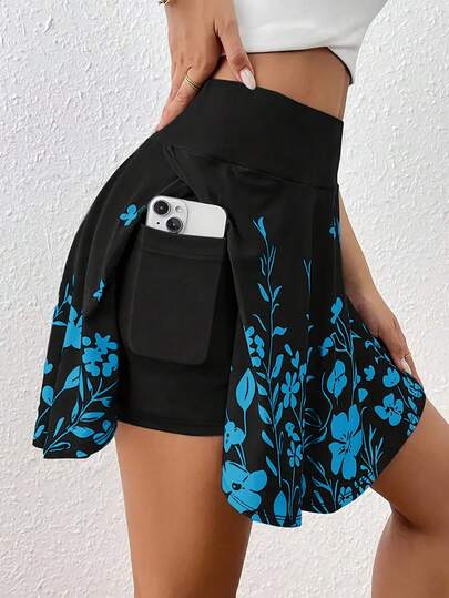 Plus Size Women Floral Print Pattern Casual Comfortable Elastic Waist Pocket Design Skort Summer