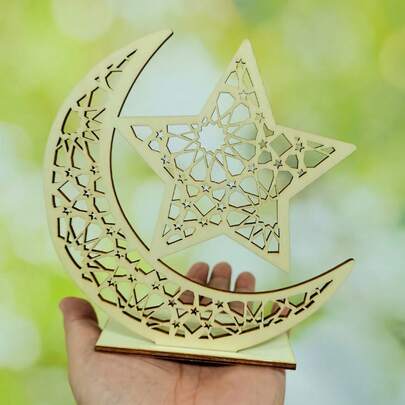 1套开斋节快乐木制装饰品斋月挂牌装饰品月亮星星吊坠，用于斋月快乐开斋节装饰（经典款）