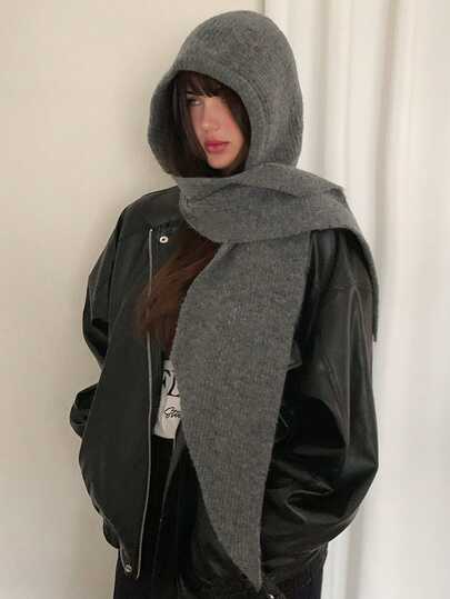 1pc Women's Solid Color Autumn/Winter Hooded Scarf 2-In-1 Ear Warmer Knit Hat, Fashionable Neck Warmer, Gray, Suitable For Daily Wear