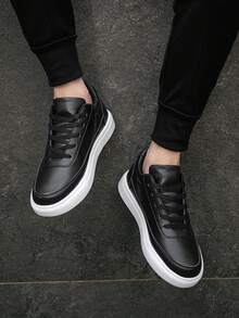 Men's Fashionable Black Leather & White Sole Lace-Up Low-Top Outdoor Skateboard Shoes, Sports Style Comfortable Casual Flat Shoes For Teenagers And Daily Wear