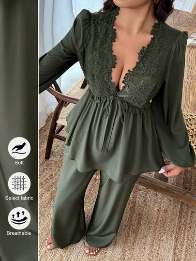 Women's V-Neck Lace Tie-Up A-Line Casual Pants, Autumn/Winter