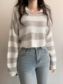 Casual Colorblock Striped Loose Cropped Knit Sweater, Autumn/Winter - Grey - View 5