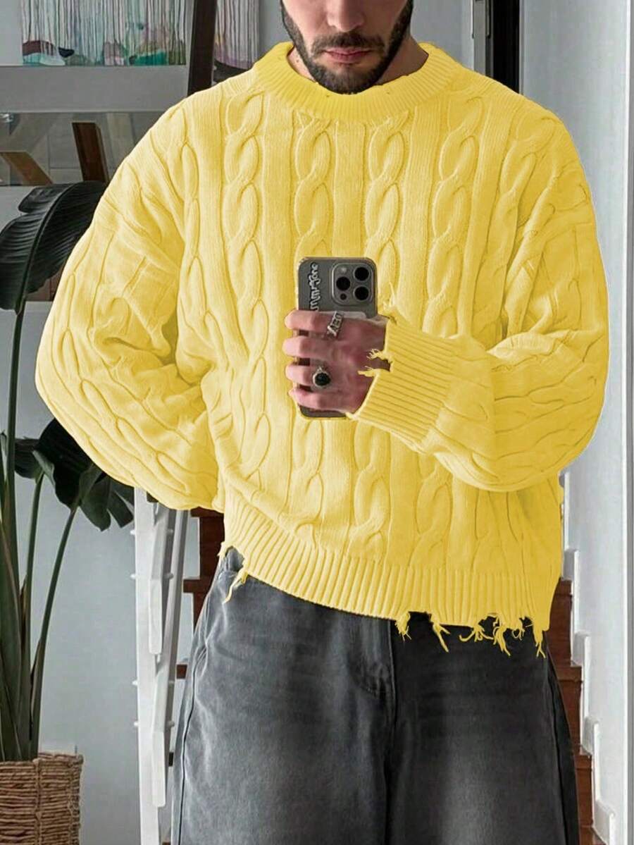 ANDREILEE Men's Loose Casual Street Ripped Fringe Crew Neck Long Sleeve Pullover Sweater, Versatile Knit Top For Spring, Autumn, Winter - Yellow - View 1
