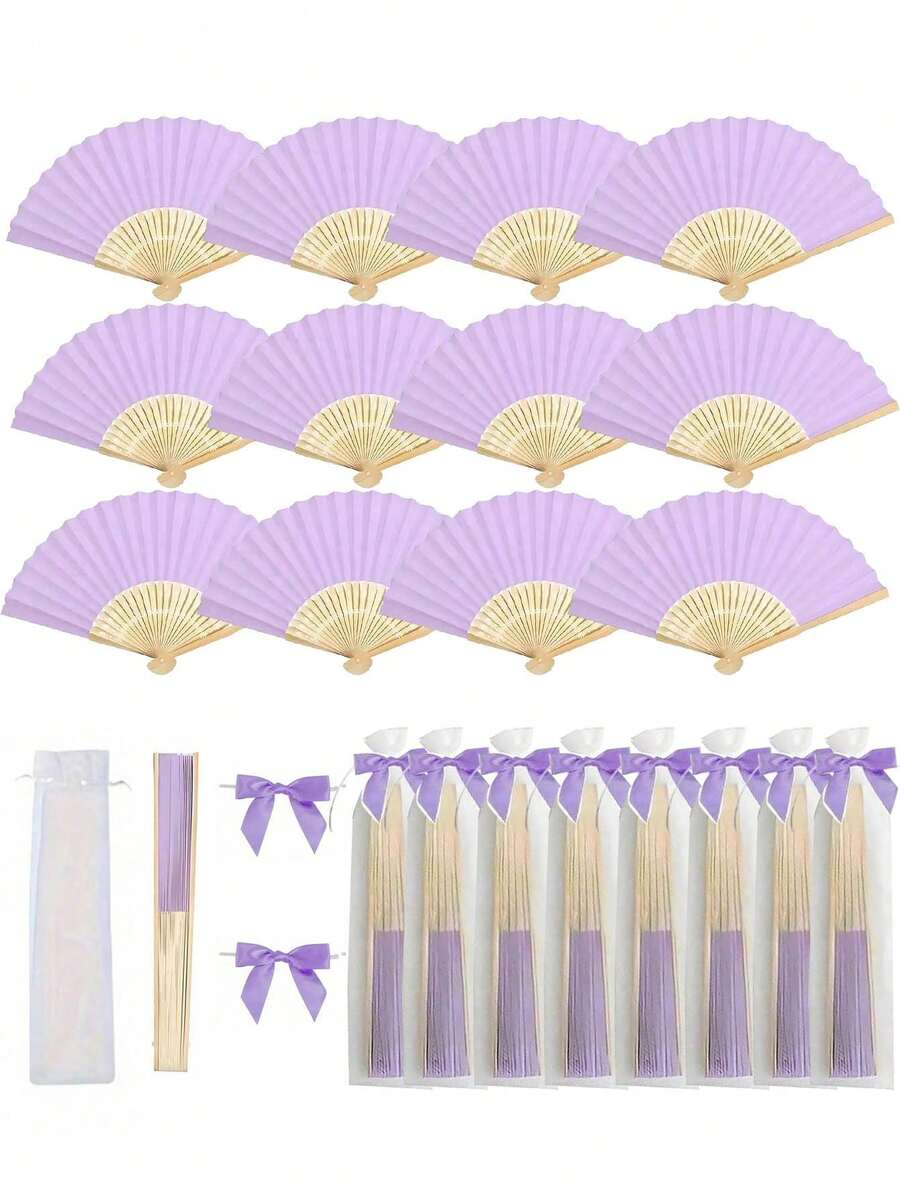 3/15/30件套，夏季紫色系列婚礼礼品扇套装，女士折扇，绿色系列蝴蝶结，透明沙袋，婚礼派对装饰。适用于新娘礼物派对、生日派对回礼、伴娘拍照道具、夏季扇子、活动和派对用品，多件装派对礼品袋。 - 紫色 - 查看 1