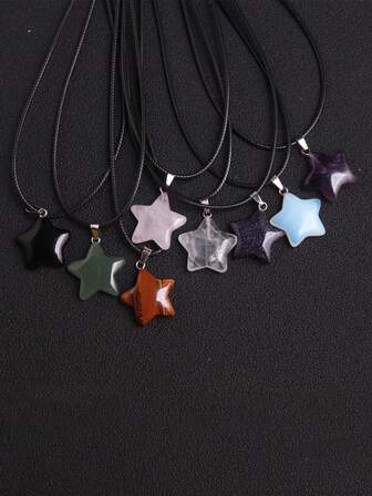 1pc Multicolor 20mm Natural Crystal Stone Five Star Shaped Pendant Necklace Healing Energy Choker Jewelry For Women Men Lucky And Love Gift