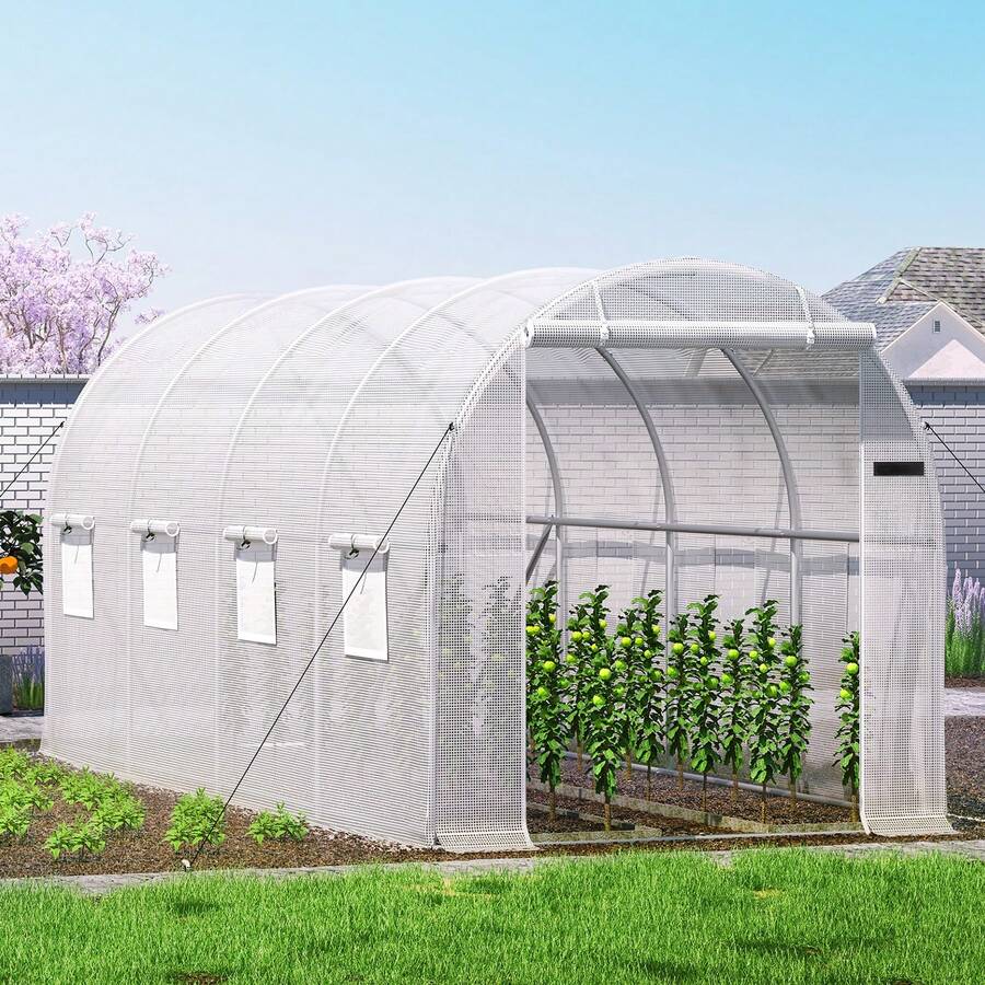 15 X 6.5 X 7 Ft Walk-In Tunnel Greenhouse, Portable Plant Hot House With Galvanized Steel Hoops, 1 Top Beam, Diagonal Poles, Zippered Door & 8 Roll-Up Windows, White - 15 x 6.5 x 7 ft White - 查看 1