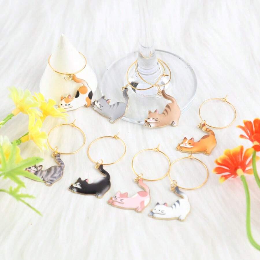 8/14 chiếc 25mm Mặt dây chuyền hình mèo lười dễ thương cho ly rượu vang, Đồ trang trí Giáng sinh, Nhãn dán ly rượu vang thẩm mỹ hình mèo ngộ nghĩnh, Quà tặng cho người yêu mèo. Đồ trang trí tiệc, Đồ dùng quầy bar, Nhãn rượu vang đỏ và sâm panh, Thích hợp cho tiệc tùng và tụ họp - Nhiều màu - Xem 1