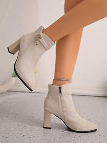 Women's Pointed Toe Elegant Minimalist Side Zipper Rhinestone Decor Black & Beige Color Block Chunky Heel Ankle Boots, Versatile