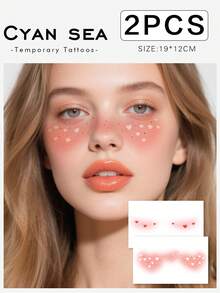 2 片装圣诞节和情人节临时面部纹身贴纸 - 粉色爱心星星闪亮雀斑和腮红图案临时面部纹身贴纸 - 防水防汗，适合情侣圣诞节和节日表演，可持续 3-5 天