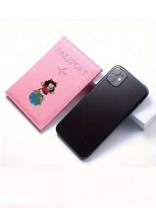 1pc Cartoon Mafalda Pattern Passport Holder - PU Material Passport Cover - Foldable & Lightweight | Suitable For Holiday And Business Travel, Effectively Protects Passport - Pink - View 3