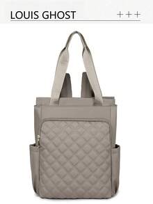 女士纯色多功能大容量背包，休闲简约学生背包，学院风简约单肩包，手提包，多功能背包，适合学校、大学、中学、高中、通勤、办公等场合 - 卡其色 - 查看 2