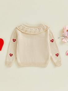 Suéter tipo cárdigan de San Valentín para niña pequeña con letras de corazón bordadas, cuello redondo, manga larga, abrigo de punto con botones - Caqui - Ver 7