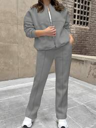 2pcs Set: Solid Color Minimalist Hoodie Jacket Top And Straight Leg Pants, Fashion Outfit For Spring, Autumn, Winter