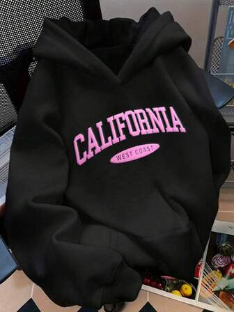 HESSEN Dam Nytt Höst/Vintermode Casual Löst Enfärgat & Bokstavstryck Långärmad Hoodie, Mångsidig Vardagskläder, Tillbaka till Skolan Outfit, Examen, Lärarkläder, Utomhusfitness, Löpning, Julfest