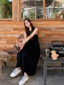 女式复古休闲时尚无袖宽松修身连衣裙 - 黑色 - 查看 3