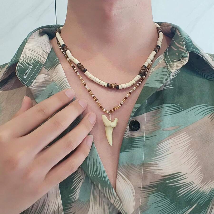 Men's Layered Puka Shell Necklace Brown Coconut Wood Bead Necklace Bohemian Style Men's Summer Necklace Surfer Beach Necklace Jewelry - D - Xem 1