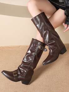 女士平底骑行靴，新款荒野风格直筒靴，时尚轻便美式旅行靴，棕色过膝长靴，适合秋冬季穿着 - 棕色 - 查看 5