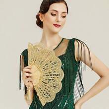 NEW-Lace Hand Fan Non-Foldable Vintage Bridal Handheld Fans With Rhinestone And Embroidered For Wedding Decoration Dancing Party (Gold) - C-vàng - Xem 2