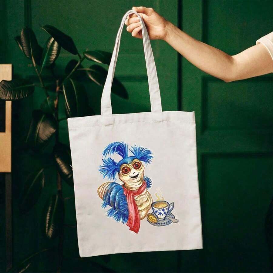 Canvas Tote Bag Labyrinth Worm For Women Reusable Cloth Cotton Bags For Shopping Beach Grocery - Trắng - Xem 1