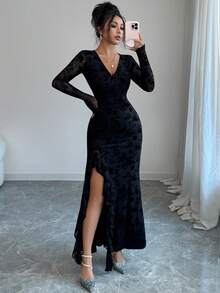 Women's Lace Dress, Solid Color Elegant Sexy V-Neck Fitted Long Sleeve Gown, Autumn/Winter Dress, Suitable For Daily Dates, Weddings, Formal Dinners, Holidays/Birthday Parties And Other Occasions - Black - View 5
