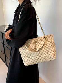 1个涤纶鹿图案装饰大容量拉链单肩手提包，适合女性日常使用 - 白色 - 查看 9