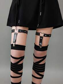 2pcs Women Studded Decor Garter Belt Harness Halloween Valentine's Day Valentines - Black - View 3