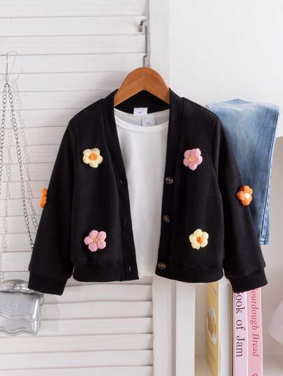 1pc Young Girl Sweet Floral Waffle Knit Cardigan Jacket, Suitable For Daily, Outdoor, Commute, School, Vacation, Photography, Spring/Autumn