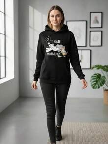 Sudadera con capucha informal con estampado de gatito de talla grande para mujer, para uso diario en casa, estilo deportivo sencillo. - Negro - Ver 3