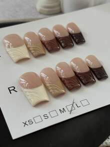 10pcs Square French Nail Long Style Nude Base Brown French Autumn And Winter Versatile Style Minimalist Nail Art Hot Girl Y2k Handmade Wearable Nail Suitable For Girls' Daily Wear And Use, Pressing Nail Fake Nail Pieces Nails Nail Supplies - Brown - View 3