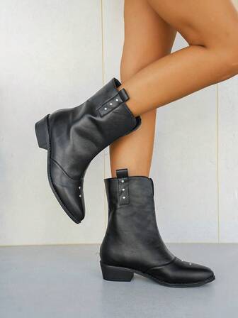 Botas minimalistas y elegantes de talla grande para otoño/invierno, con puntera puntiaguda, remaches vintage, parches de unicolor, de cuero, de tacón bajo, cómodas y versátiles para uso casual, ir al trabajo o de vacaciones