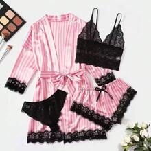 Bộ áo choàng và đồ ngủ sọc hồng dành cho nữ, chất liệu lụa satin ren, đồ ngủ mùa hè gợi cảm, áo choàng tắm, đồ mặc nhà, bộ đồ ngủ ban đêm. - Nhiều màu - Xem 15