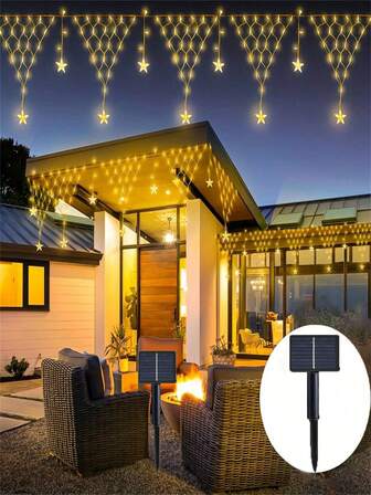 1 pieza Luces solares en forma de copo de nieve para exteriores, luces de copo de nieve en forma de red triangular, 8 modos, luz cálida y luz de colores, adecuado para patio, aleros, balcón, jardín, decoración de sombrilla, decoración de Acción de Gracias, Halloween, Año Nuevo y Navidad (500mAh)
