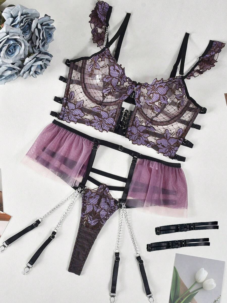 3 Pcs Women's Sexy Sheer Gauze & Fishnet Lingerie Set With Floral Embroidery - V Neck Open Back Off The Shoulder Breathable Hand Washable Bra With Underwire & Thong & Waist Skirt With Chain Garter Belt & Leg Rings - Perfect For Uniform Temptation - 紫色 - 查看 1