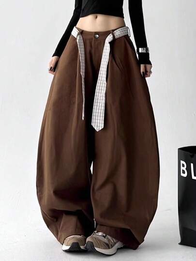 Women's Polyester Straight Leg Pants, Non-Stretch, Solid Color, Loose Casual Trousers