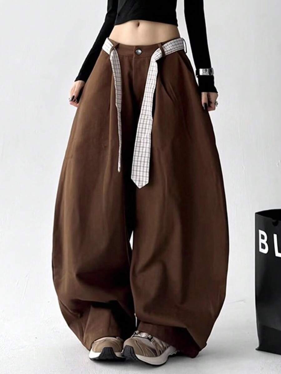 女式涤纶直筒裤，无弹力，纯色，宽松休闲裤