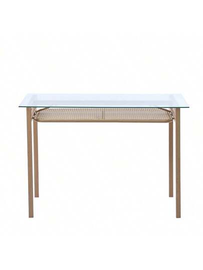 Dining Tafel Storage, 110*65*74, Tempered Glass Top, Rattan Moderne Table, Rectangular Leisure Coffee Beige view 3