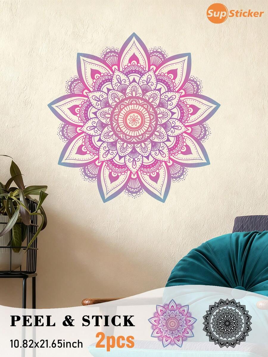 SUPSTICKER 1 Set Of 2PCS Boho Mandala Wall Decal, Matte Transparent PVC Peel And Stick Removable Wall Decor For Bedroom, Living Room, 10.82x21.65in - Multicolor - View 1