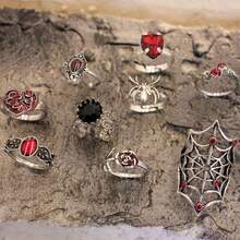 9 قطع مجموعة خواتم قابلة للتكديس بتصميم فضي عتيق، وردة سوداء جوتية، خفاش، قلب، طراز فامبير (للنساء)