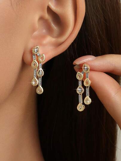 1 par de pendientes colgantes de circonita cúbica de colores dobles en forma de gota de agua, diseño geométrico multicapa único de Europa y América para uso diario, regalo de compromiso, Navidad, banquete, accesorio de ropa para fiesta