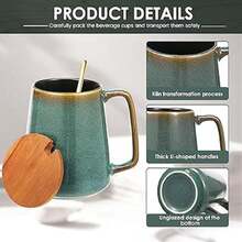 Ceramic Coffee Mug, 24 OZ/700ml With Spoon And Wood Lid Coffee Cup Large Handle Design Tea Cup Microwave And Dishwas...
