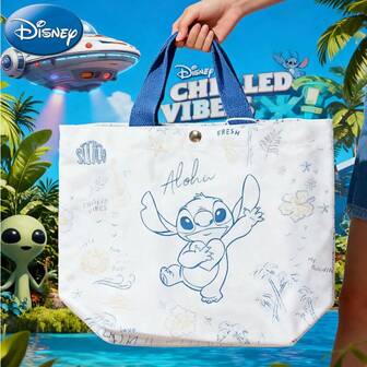 Disney 1个官方授权史迪奇帆布包，卡通可爱大容量购物袋，时尚手提袋，外出派对装扮便携购物袋，可重复使用，旅行工作沙滩手提袋，纪念日生日万圣节圣诞节礼物，送给史迪奇爱好者