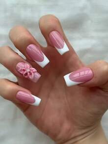 10pcs/Set Extra Long Rectangular French Carved Crystal Rhinestone Full Cover Reusable Nail Stickers, 4 Sizes Available, Suitable For Girls/Women, Actors, Stage Performance, Festivals, Parties, Weddings, Daily Wear - Watermelon Pink - View 1