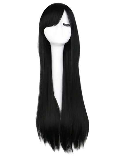 Parrucca sintetica nera dritta lunga 26 pollici con frangia - parrucca soffice resistente al calore ad alta densità per donne, ottima per uso quotidiano e da festa, facile da usare per costumi di Ognissanti e Natale, capelli resistenti al calore, parrucche lunghe, accessori da festa, parrucche dall'aspetto naturale