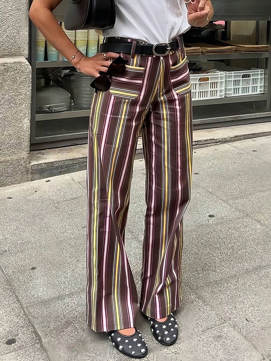Pantalon élégant et stylé à rayures contrastées avec poches et fermeture éclair, idéal pour les vacances, les voyages, l'aéroport, l'école et les vacances.