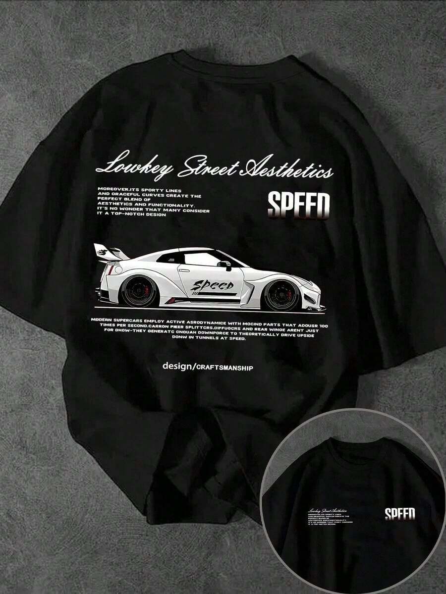 Camiseta casual de manga corta con cuello redondo y estampado de eslogan de carreras callejeras s - Negro - Ver 1
