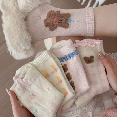 1pair/3pairs/5pairs Warm Thermal Lined Socks, Bow Trim Socks, Autumn/Winter Versatile Thick Crew Socks