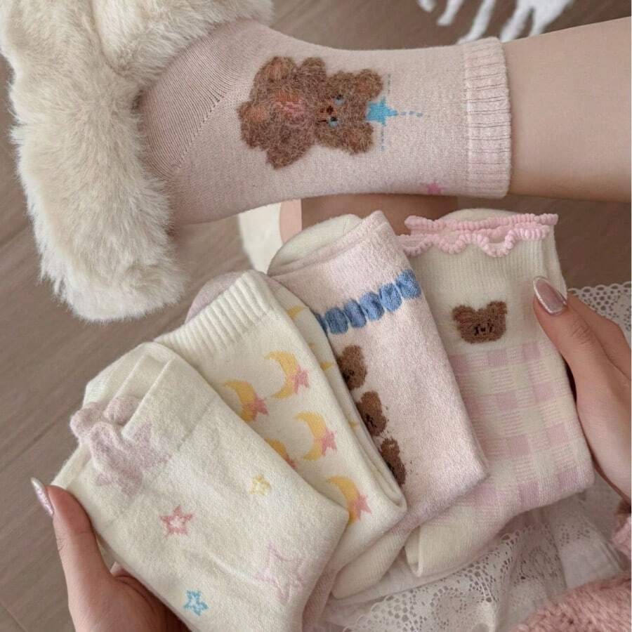1 đôi/3 đôi/5 đôi Tất lót giữ nhiệt ấm áp, Tất viền nơ, Tất cổ cao dày đa năng cho mùa thu/đông - Nhiều màu - Xem 1